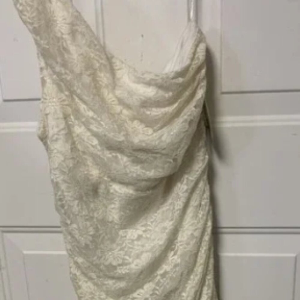 Emma & Michele Off White Lacey One Shoulder Side Ruched Dress Fully Lined Sz S